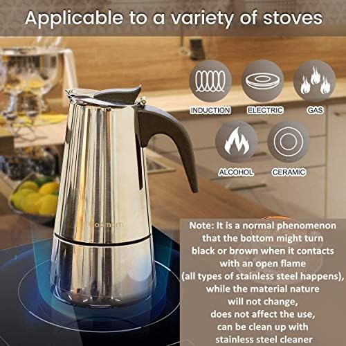 Godmorn Stovetop Espresso Maker, Italian Coffee Maker Moka Pot, 300ml/6 Cup (Espresso Cup=50ml), 430 Stainless Steel Classic Cafe Maker, Suitable for Induction Hob
