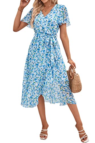PRETTYGARDEN Women's Summer Floral Boho Maxi Dress Wrap Short Sleeve V Neck Ruffle A-Line Flowy Wedding Guest Long Dresses