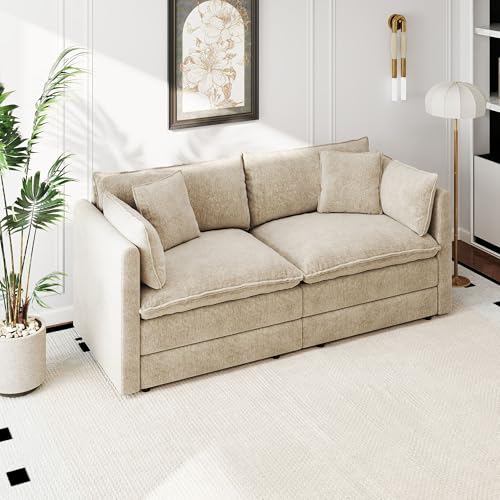 Aoowow Modular Sectional Sofa Modern Convertible Loveseat Couch,77.16 Inch Deep 2-Seater Sofas Comfy Chenille Cloud Sofas and Couches with Pillows for Living Room Apartment（Camel）