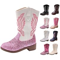 Girls Glitter Cowboy Boots Western Mid Calf Embroidered PU Leather Cowgirl Boots with Zipper Anti-Slip Comfortable Party Birthday Dance Shoes for Toddler Little Big Kids Light Pink