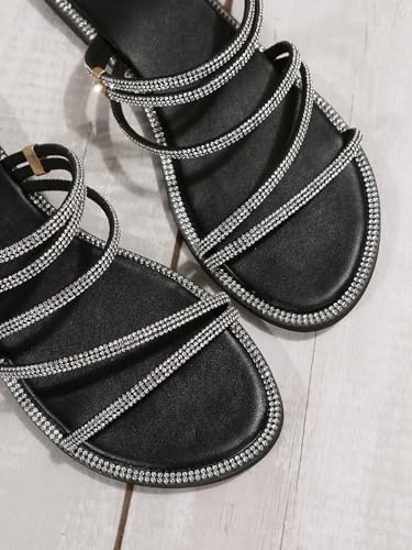 Image of GORGLITTER Women's Rhinestone Sparkly Metallic Strappy Flat Sandals Cute Toe Slip on Slide Sandals
