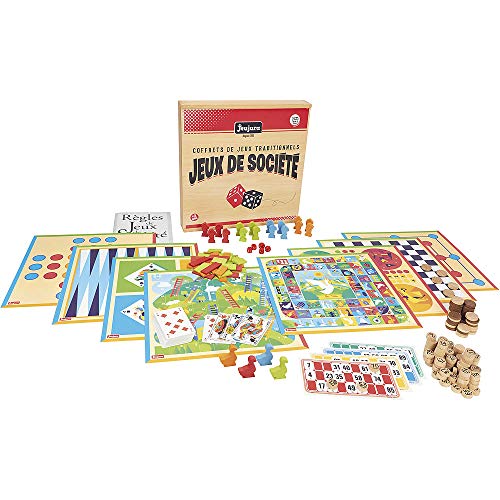 Jeujura Coffret de Jeux de Societe Traditionnels - Coffret en Bois, Jaune, petit