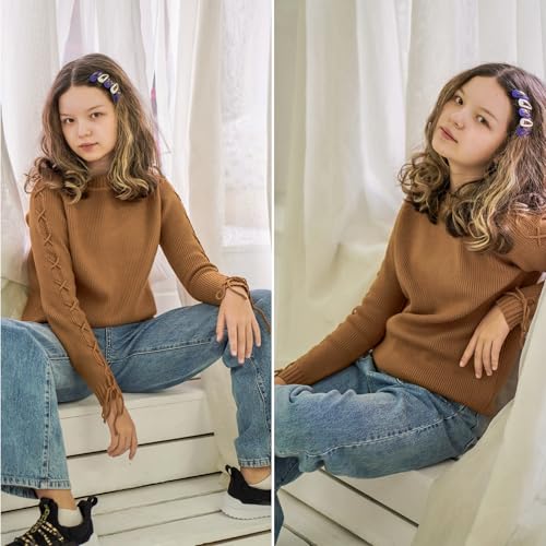 Image of Curipeer Girls Pullover Sweaters, Lace-up Long Sleeve Crewneck | Soft Warm Classic Cable Knit, Winter Fall Spring Daily Wear, Little Kids Tween Girl