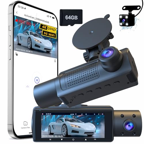 4K 3 Channel Dash Cam Front and Rear Inside, 360 Degree Dash Camera for Cars with 5GHz WiFi & App Control, 2160P+1080P+1080P Triple Dashcam with 64GB Card, G-Sensor, Night Vision, WDR, Parking Monitor