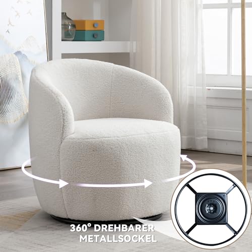 DEKKETO Teddy-Drehsessel, Runder Boucle Sessel mit 360° Drehbarem Metallfuß, Bequemer Gemütlicher Drehstuhl Ohne Rollen Schminktisch Stuhl Armlehnstuhl Lesesessel, Weiß