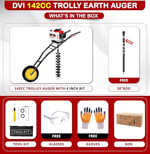 Image of DVI 142CC Trolley Earth Auger Machine, 4-Stroke Petrol Engine - with 4 Inch Double Spiral Planter Bits & Free Extension Rod | for Plantation, Fencing & Post Hole Digging in All Soil Types.