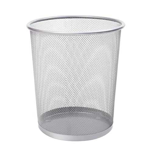 KEPLIN Round Trash Can - 1 Pack Silver Non-slip Mesh Bin Stylish & Sturdy Metal Can for Home Bedroom Office Bathroom Living Room & Kitchen - Indoor Garbage Bin with Sleek Design