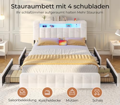 AOGLLATI Polsterbett 140x200 cm mit Stauraum - 4 Schubladen Jugendbett mit LED-Beleuchtung & Ladestation,Doppelbett mit Kopfteil aus Samt Bett 140x200 mit Lattenrost-ohne Matratze,Beige Samt – Bild 6