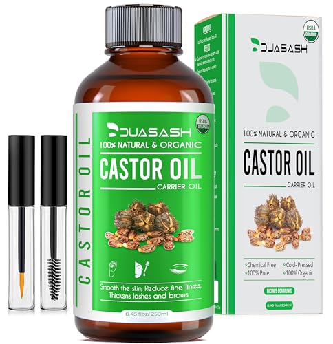 Duasash Aceite de Ricino para Pestañas y Cejas 250ml Aceite de Ricino Bio para Cabello, Barba, Uñas, Cuerpo y el Rostro Prensado en Frío, Ideal Aceite Pelo Crecimiento Cabello Castor Oil con Cepillos