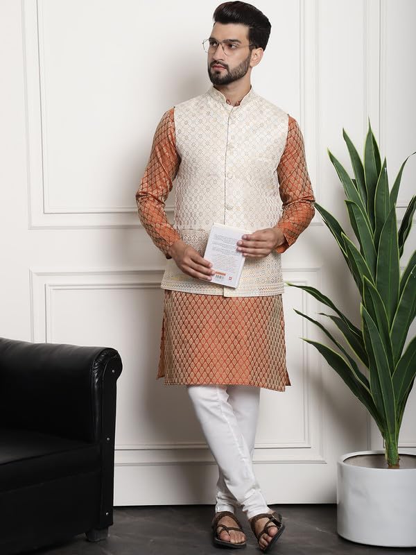 Image of SOJANYA (Since 1958 Men's Jacquard Silk Kurta and Pyjama with Nehru Jacket