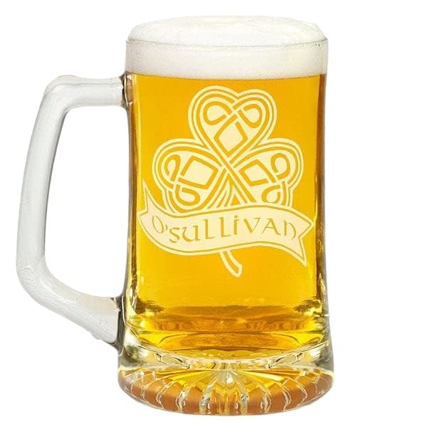 Personalization Universe Personalized Celtic Shamrock 25 oz. Etched Glass Beer Mug – Customizable Name, Sturdy Handle, Starburst Bottom, Dishwasher Safe – Ideal for Man Cave Decor & Gifts