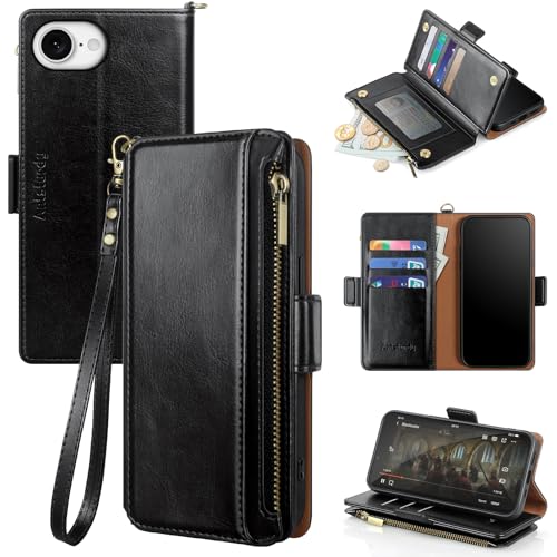 Antsturdy Compatible with 4.7 inch iPhone 6/6S/7/8/SE 2020/SE 2022 Wallet Case,RFID Blocking PU Leather Phone Case Women Men Kickstand Flip Cover Wrist Strap Zipper Credit Card Holder Slots,Black