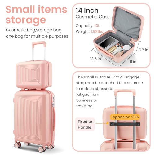 Luggage 4 Piece Set, Hardshell Lightweight Suitcase Set with Spinner Wheels and TSA Lock, Hardside Travel Rolling Suitcases 20in 24in 28in Carry on and 14in Mini Cosmetic Case for Men Women (Pink)3