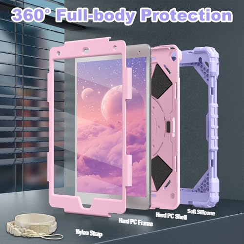 Image of WESOROL Case for iPad 9th Generation 10.2 Inch Tablet Case Military Grade Shockproof Cover for iPad 9th /8th /7th Gen Cases with Rotating Stand Screen Protector Pencil Holder,Purple Rose