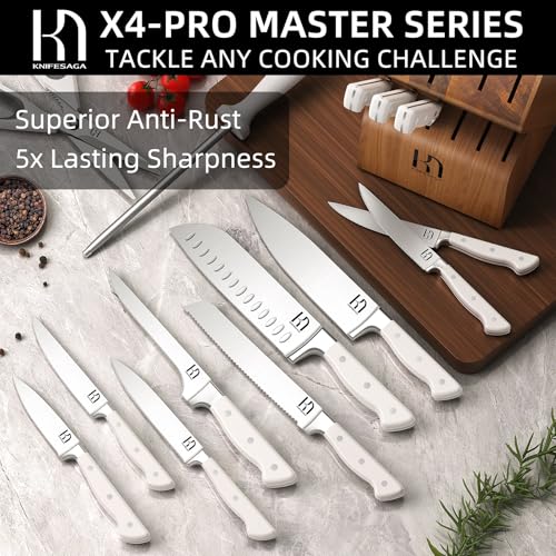 Image of Knife Set, 15 Pcs Kitchen Knife Block Set, Enduring Razor-Sharp Japanese High Carbon Stainless Steel Chef Knife Set with Block and Sharpener, Premium Knives Set for Kitchen, White Acacia