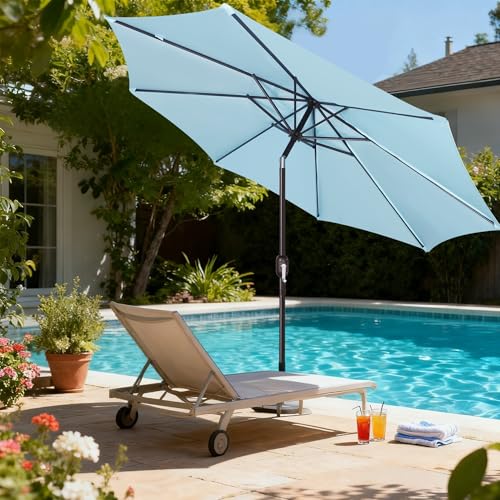 Image of Blissun 9' Outdoor Patio Umbrella, Outdoor Table Umbrella, Yard Umbrella, Market Umbrella with 8 Sturdy Ribs, Push Button Tilt and Crank