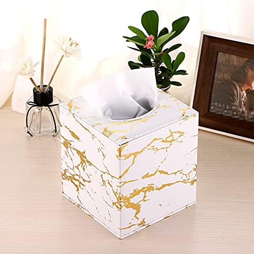 BTSKY PU Leather Household Office Cube Tissue Paper Holder Box Cover Case Napkin Holder (Marble Gold)