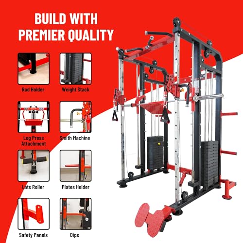 Image of GYM24 EQUIPMENTS Sonata Functional Trainer with Smith Machine & Power Cage | Dual 80 kg PVC Weight Stack 160 kg Total | Multi Gym with Bench Pull Up Bar Dip Bars Leg Press Landmine | Red Black