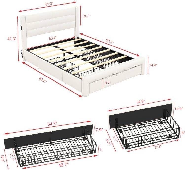 Miniatura 2 de Base de cama tapizada de tamaño Queen con 3 cajones de almacenamiento y cabecero, cama de almacenamiento Queen de piel sintética con estación de