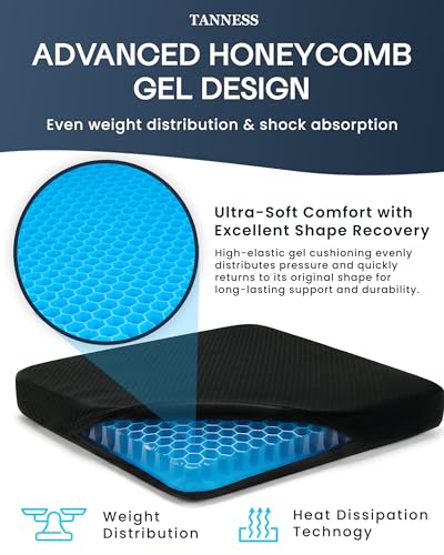 TANNESS - Large Gel Seat Cushion for Long Sitting – 45x45cm, Orthopedic Memory Foam Support Cushion for Sciatica, Tailbone and Hip Pain - Pressure Relief on the Back - Image 2