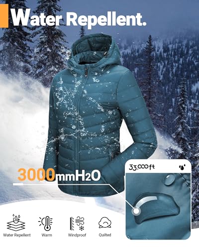 33,000ft Damen Leichte Steppjacke Packbare Übergangsjacke mit Taschen für Frauen Gefüttert Warme Pufferjacke mit Kapuze für Outdoor Freizeit Wandern Petrol Blau M