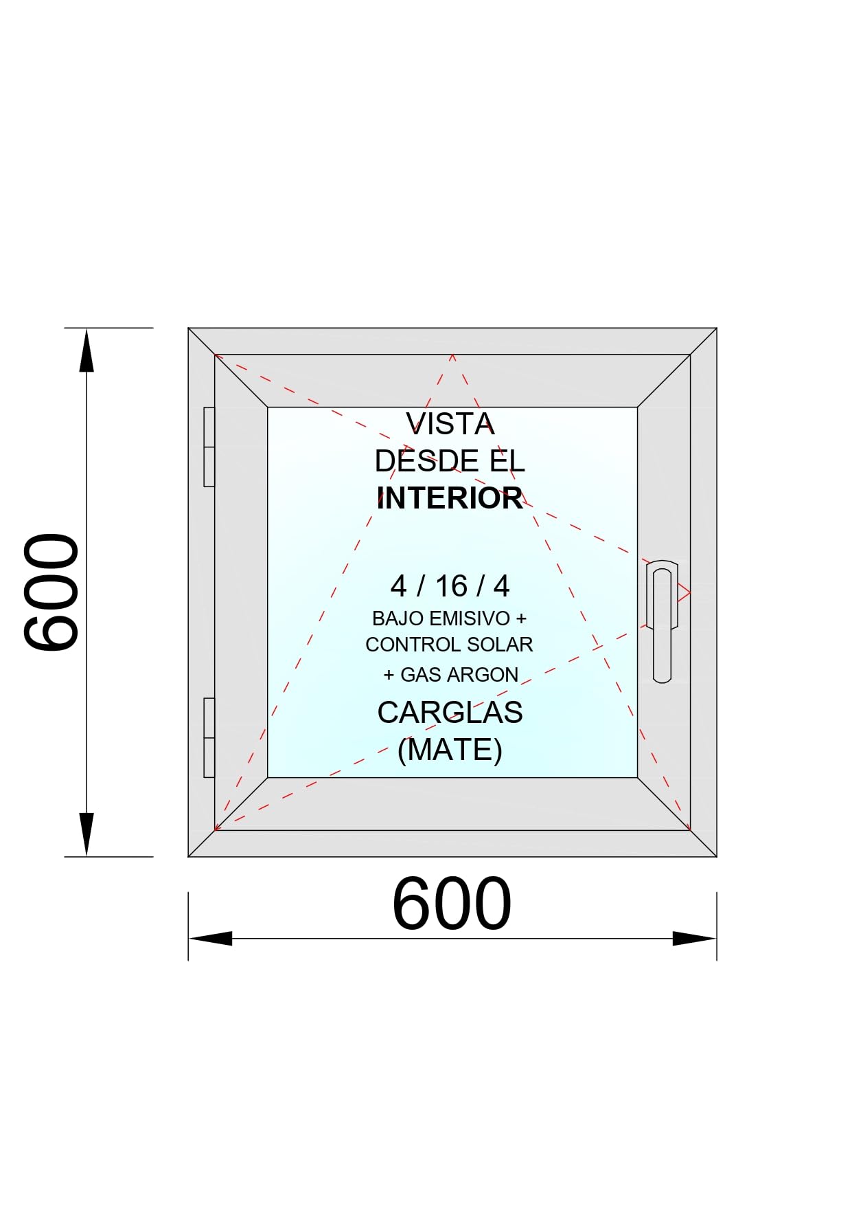 Ventanastock PVC 600x600 Practicable Oscilobatiente Izquierda 1 hoja con vidrio Carglass (Climalit Mate)