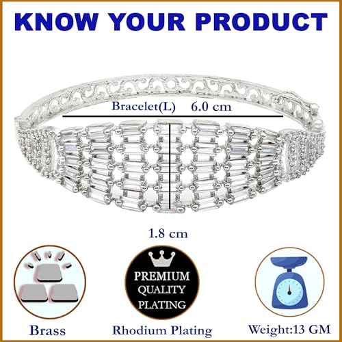 Image of ZENEME Rhodium-Plated Silver Toned American Diamond Studded Contemporary Kada Bracelet For Girls and Women