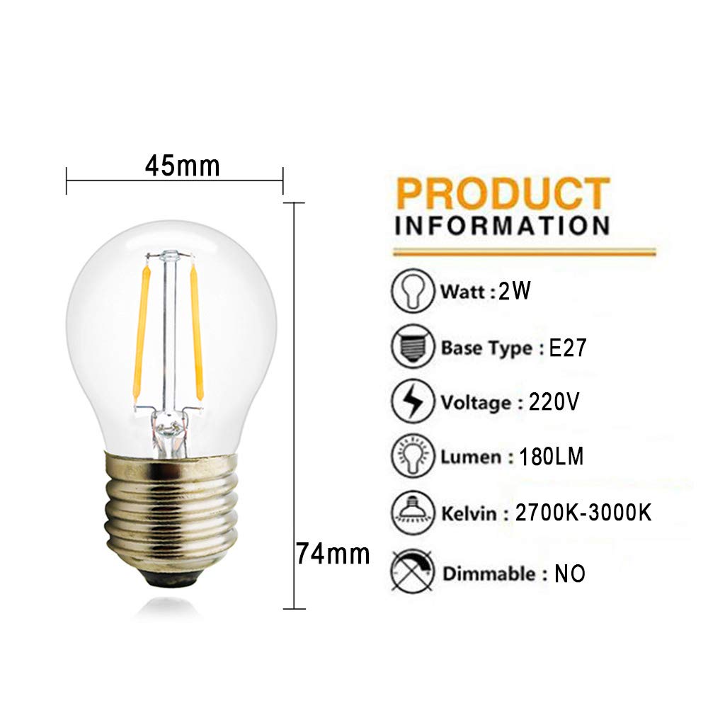 Edison E27 żarówka 2 W, odpowiednik żarówki żarowej 25 W, ciepła biel 2700 K, 180 lumenów, klasyczna dioda LED, niezmienna, zestaw 20 szt