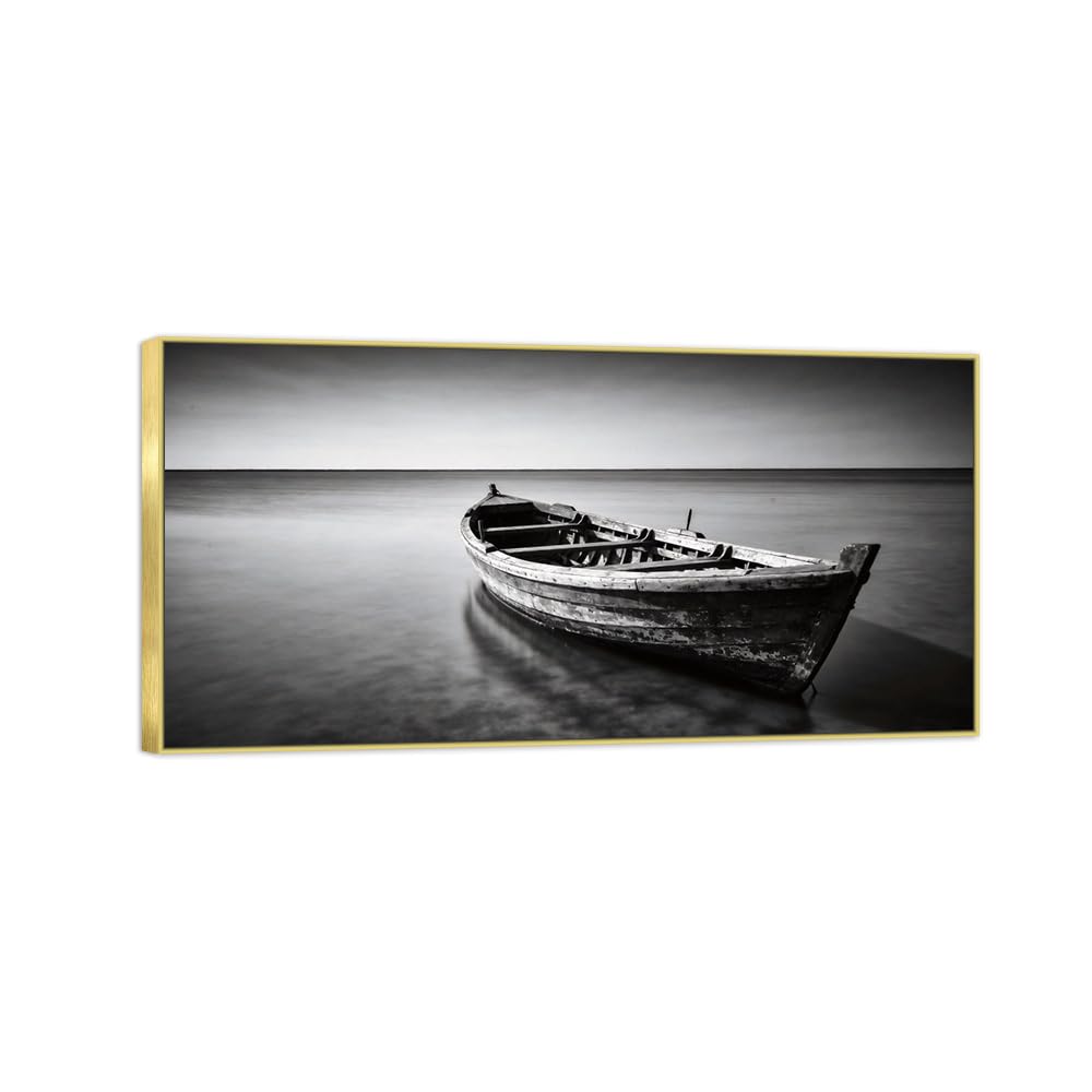 OZPWBVY Lake Boat 2 Black White Landscape Canvas Picture 30x60cm Gold Frame