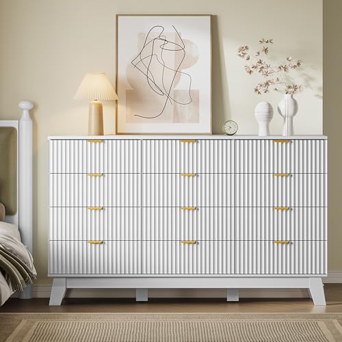 Image of BORNOON 57 inch Wide Dresser for Bedroom, 12-Drawer Fluted Dresser with Metal Handles, Wood Chest of Drawers with Smooth Slides and Stable Base, Modern Storage Cabinet for Living Room, Nursery