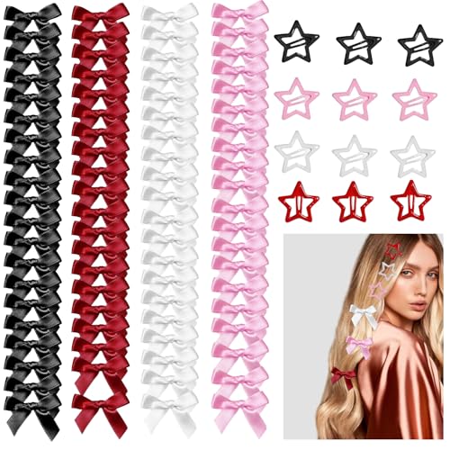 Set de 92 Piezas de Clips para el Cabello en Forma de Moño y Estrella, 80 Mini Moños de Cinta y 12 Clips de Estrella en 4 Colores, Clips de Pelo de Satén para Mujer, Decoración para Fiestas