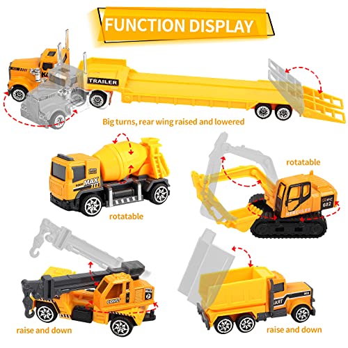 Oriate Construction Cars Toys For Kids, Diecast Engineering Vehicles Toy Set W/Flatbed Trailer & Road Signs, Excavator,Bulldozer, Forklift, For 3 4 5 6 Years Old Children Great For Easter Baskets #TOP2