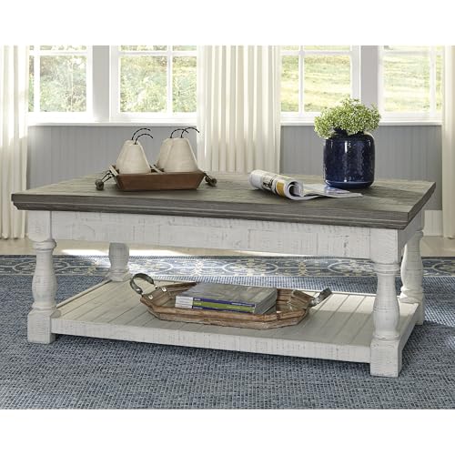 Signature Design by Ashley Havalance Farmhouse Lift Top Coffee Table with Fixed Shelf and 2 Hidden Storage Trays, Gray & White with Weathered Finish - Image 3
