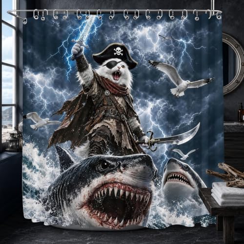 Image of Funny Cat Riding Shark Shower Curtain, Extra Long 108x72 in, Kids