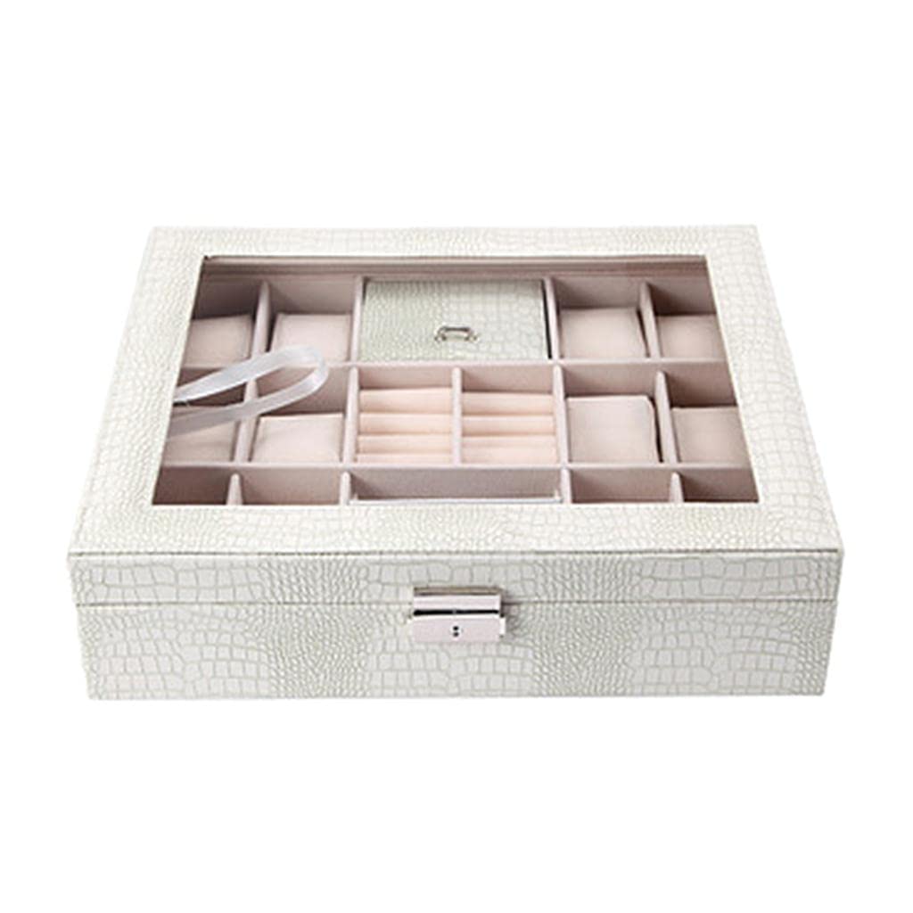 Białe aksamitne pudełko na biżuterię z zamkiem przezroczysty szklany górny pierścień bibelot organizer prezentowy uchwyt 33 x 30 cm x 8 cm
