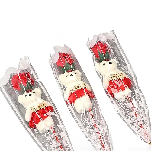 Bear Bouquet, 10 PCS Red Rose White Bear with Red Skirt Bouquet, light For Mom, Birthday & Special Event Gifts