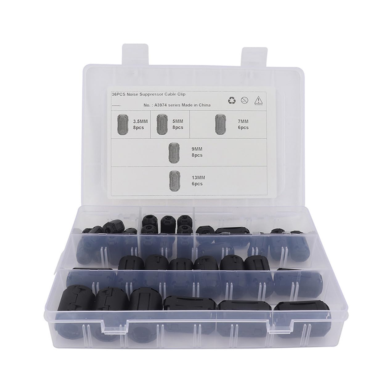 Amosfun 36 Pezzi Filtri Antirumore Nucleo di Ferrite, Clip a Scatto per Cavi Usb, Telefonici e Satellitari, Accessori Elettronici per Auto Riduzione Interferenze Elettromagnetiche