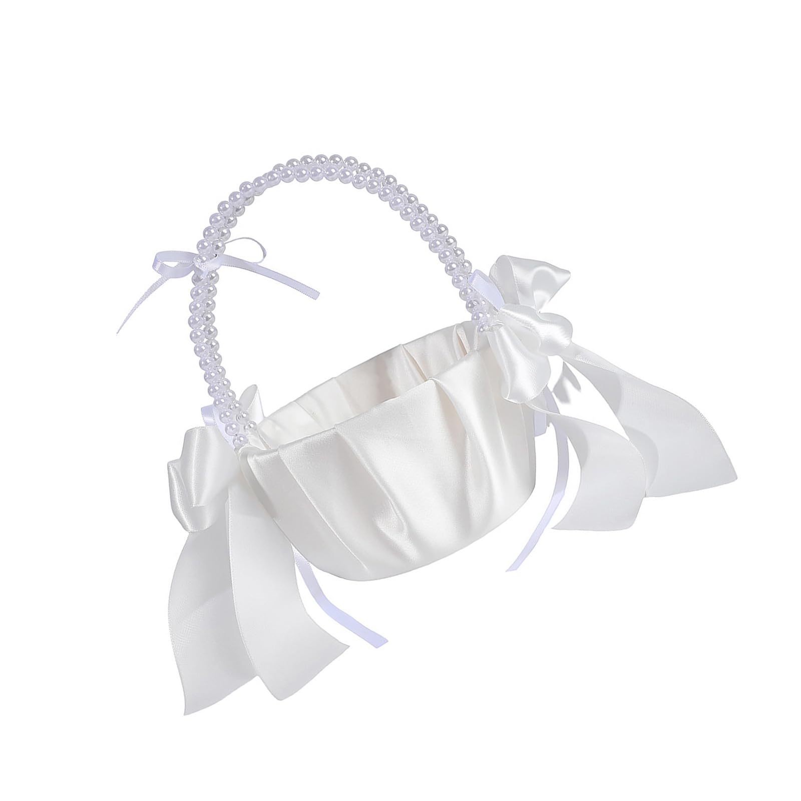 Classical Wedding Flower Basket with Pearls Handle Bowknot Decors for Flower Girls and Ceremony Reception Centerpieces Wedding Basket for Table Decoration