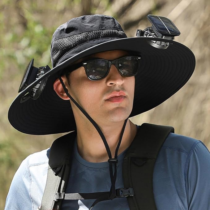 Image of Fishing Hats with Sunglasses, Wide Brim Sun Hat with 2 Solar Fan, USB & Solar Powered Fishing Hats, Solar Fan Hats UPF 50+