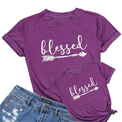 Family Mathching Blessed Shirt Mommy and Me Letter Arrow Graphic Cute Tees Casual Summer Shirts Tops Size Kid 4T (Purple-Kids)