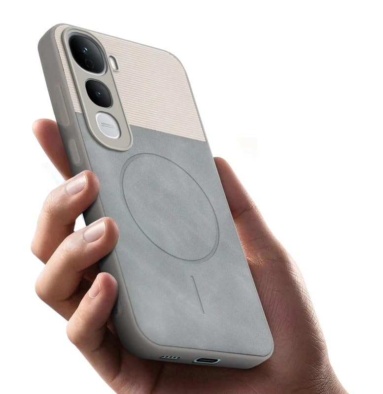 Image of Bintage case Dual-Leather Macc-Safe Design Phone Case| Soft Touch Finish | Full Camera Protectection Back Cover Compatible for Vivo V2439 / Vivo Y400Pro - White & Matelic Grey