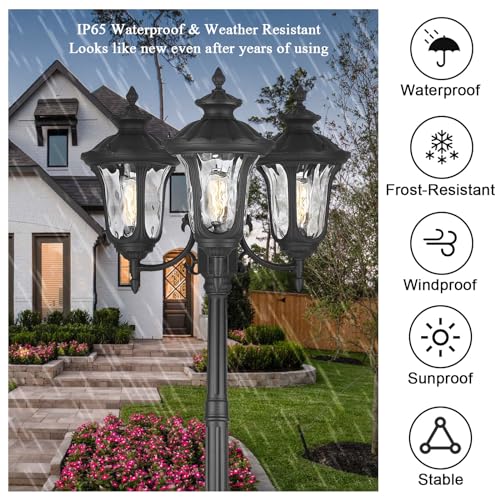 Outdoor Lamp Post Light, Black Outside High Pole Light 3-Head Waterproof Modern Exterior Street Lamp Road Lighting Fixture for Garden, Backyard, Patio, Lawn, Pathway, Driveway - Image 4