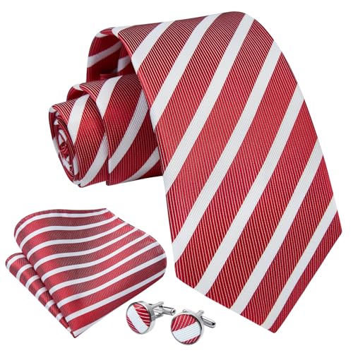 Image of Enlision Mens Ties Stripe Tie and Pocket Square Set Classic Formal Woven Neckties Handkerchief Cufflinks Wedding