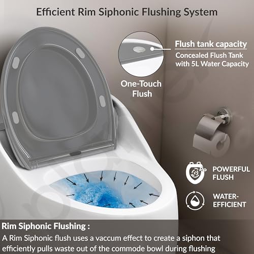 Image of Plantex Platinum Ceramic Rimless Commode /One Piece Western Toilet /Siphonic Flush Western Commode with Soft Close Toilet Seat - S Trap Outlet (White & Grey)