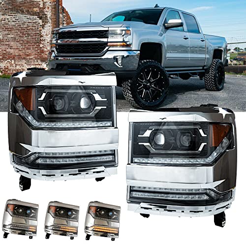 ROXX Headlight Assembly Fits for 2016-2019 Chevy Silverado 1500 Projector Chrome Headlights with LED Sequential Turn Signal, 16-19 Chevy Silverado 1500 Headlights Assembly Replacement 1 Pair