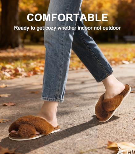 Image of Ankis Women's Fuzzy Slippers Cross Band Memory Foam Open Toe Comfy Soft House Shoes Anti-Slip Indoor Outdoor Gifts for Women