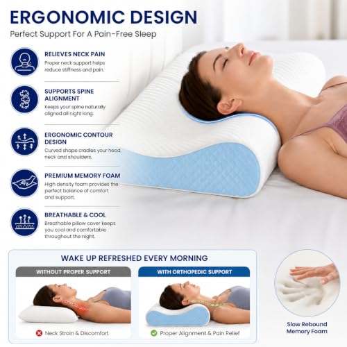 Image of Memory Foam Cervical Pillow for Neck Pain Relief Ergonomic Contour Design for Back & Side Sleepers Breathable Washable Cover Neck Support Sleeping Pillow