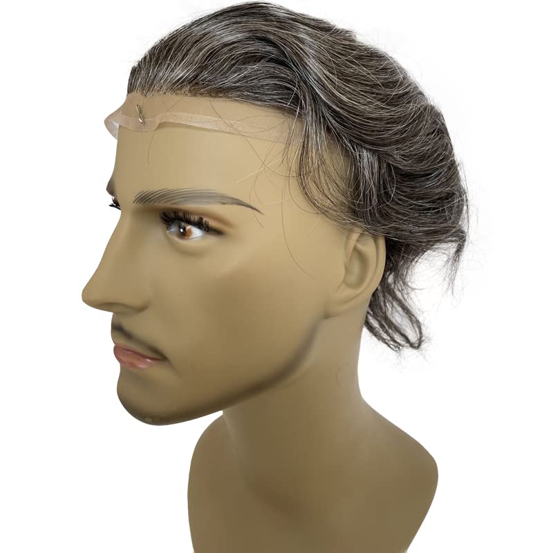 Miniatura 2 de Peluca de cabello humano tipo tupé de repuesto para hombre, con encaje frontal suizo, parte superior con base de encaje y poliuretano alrededor de
