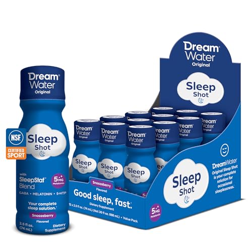 Dream Water NSF Sleep Aid Supplement Liquid Shots; Melatonin 5mg GABA 5-HTP; Zero Sugar Natural Flavors No Added Colors 2.5 oz Liquid Sleep Shots Snoozeberry 12-Count.