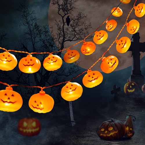 Wnteple Halloween Decorations Pumpkin String Lights 20 LED 10Ft Battery Operated Cute 3D Orange Jack-O-Lantern Waterproof 2 Modes Steady/Flickering Light for Indoor Outdoor Party Home Decor